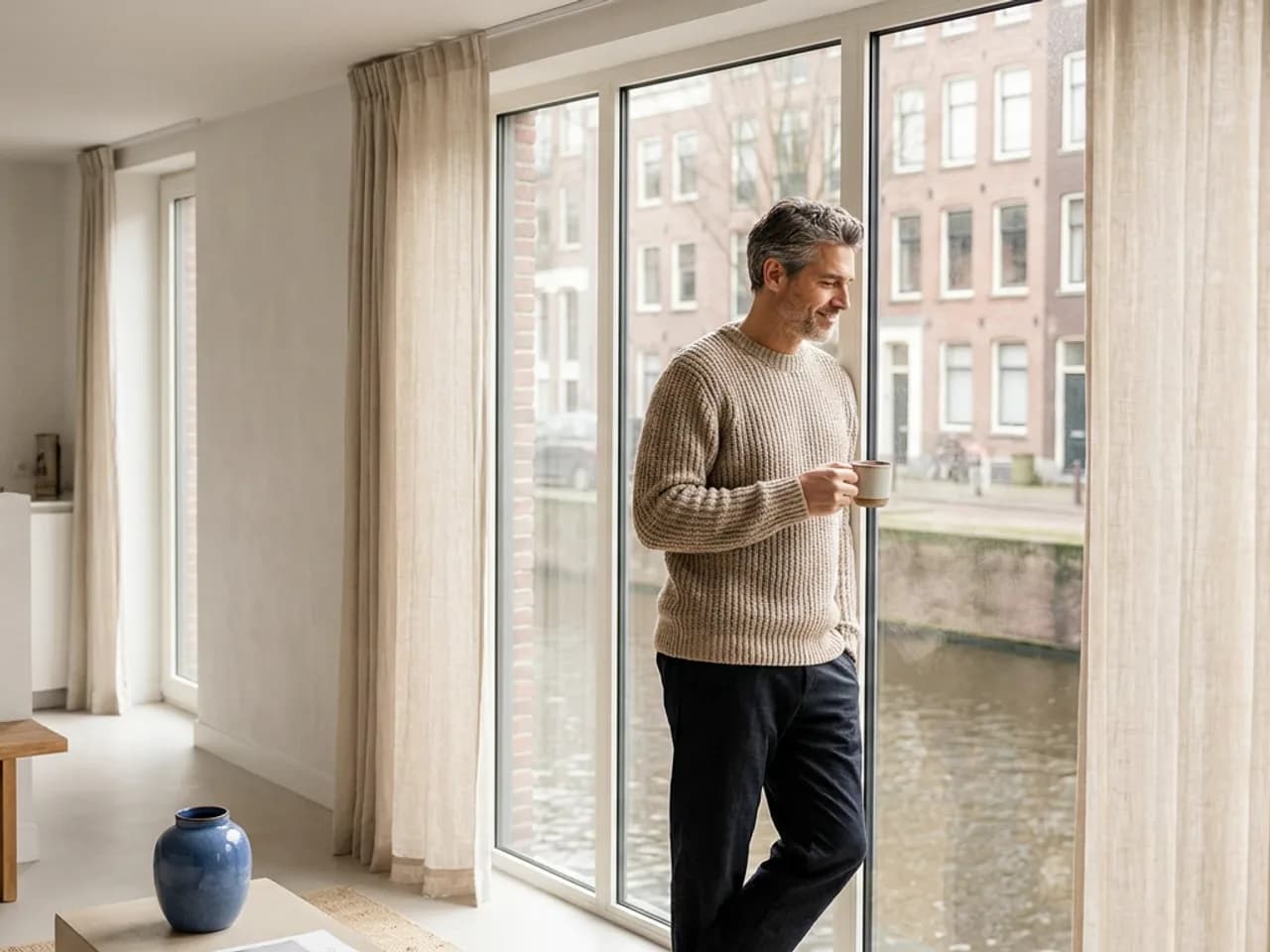 Zelfverzekerde man bij het raam in een rustige Nederlandse woning